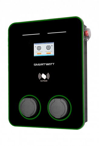 Автомобильная электрозарядная станция SMARTWATT EVC, 44 кВт, коммерческая OCPP 1.6J, переменный ток, 3 фазы 380 В, два поста по 22 кВт 32 А, розетки Type2, IP54 фото 1
