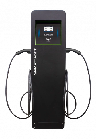 Автомобильная электрозарядная станция SMARTWATT EVC, 44 кВт, коммерческая OCPP 1.6J, переменный ток, 3 фазы 380 В, два поста по 22 кВт 32 А, кабели по 5 метров, коннекторы GBT и Type2, IP54, черная стойка фото 1